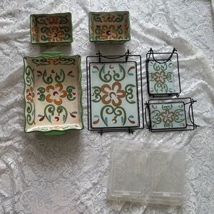 Temp-Tations Whimsy One 3.5Qt, Two 1Qt Green Baking Dishes with Trivets & Racks